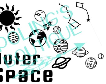 May include: Black and white illustration of a sun, planets, a rocket, a constellation, and the words "Outer Space".