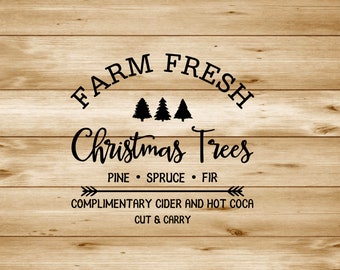 May include: A sign on a woodgrain background advertising farm fresh Christmas trees. The sign reads "FARM FRESH Christmas Trees PINE SPRUCE FIR COMPLIMENTARY CIDER AND HOT COCA CUT & CARRY"