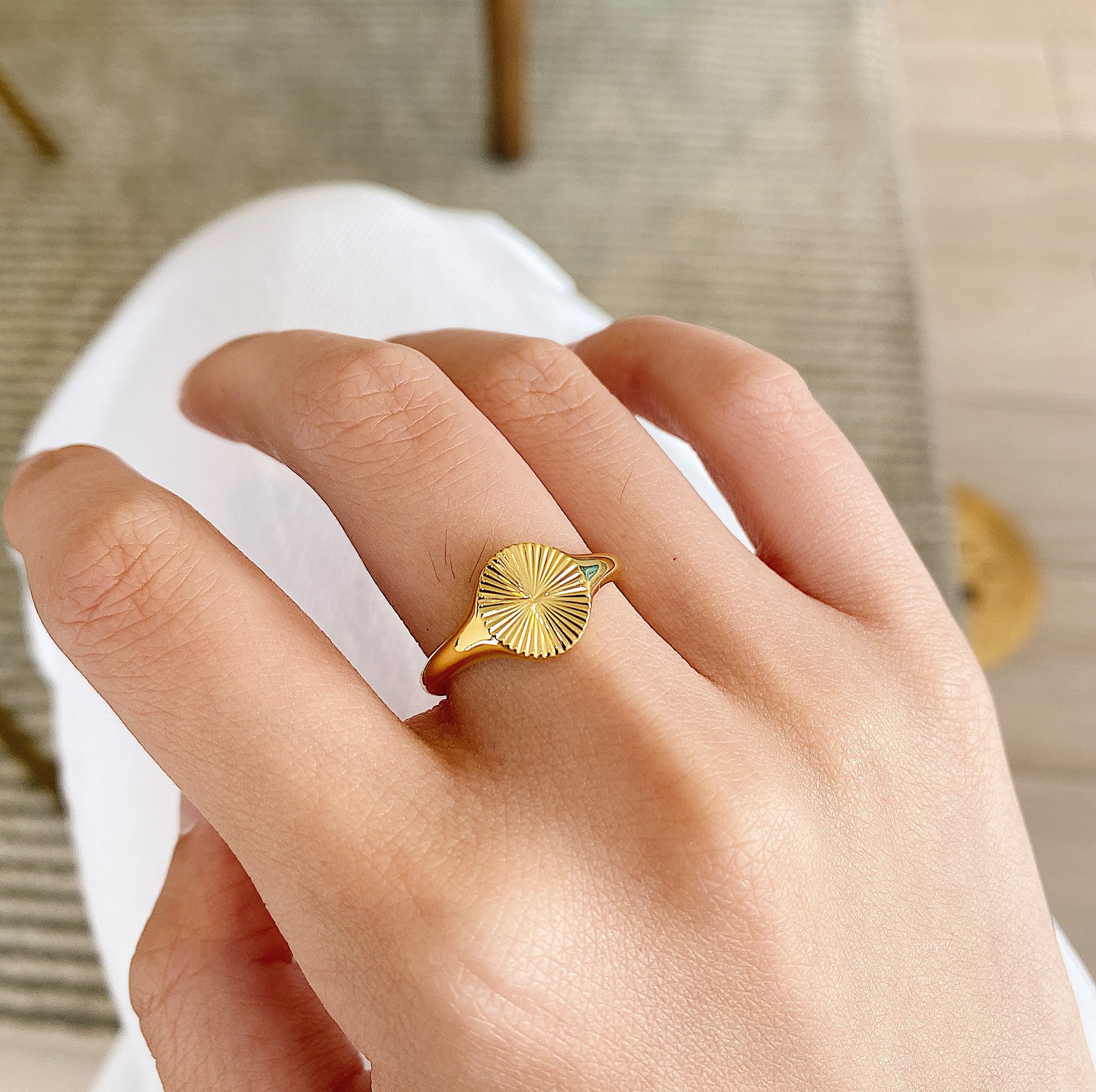 14k Gold Sun Signet Ring Gold Sunburst Ring Gold Dainty Ring