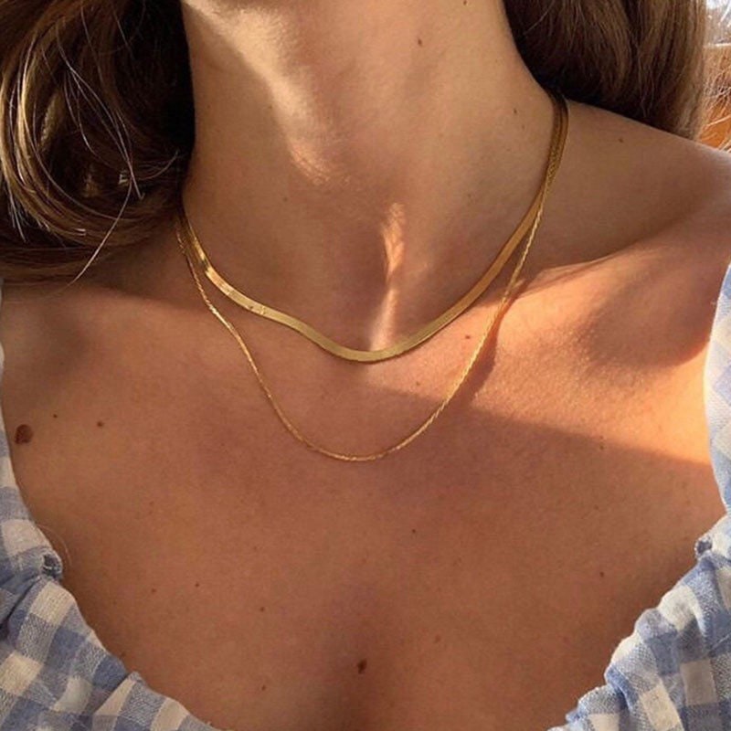 Gold Double Herringbone Chain Necklace 