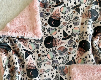 Baby Brewing Baby Blanket, Halloween Lovey, Girl Spooky Goth, Fall Baby Gift, Moon Stars Crib Bedding, Crib Sheet, Witch Throw, Swaddle