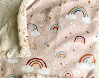 READY TO SHIP, Minky Blush Pink Rainbow Baby Crib Blanket, Girly Rainbow Lovey Blanket, Newborn Baby Girl Gift, Rainbow Crib Bedding, Toddle
