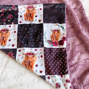 Minky Floral Highland Cow Baby Blanket, Purple Floral Crib Bedding, Boho Cow Baby Girl Gift, Baby Shower Gift, Farm Cowgirl Crib Bedding