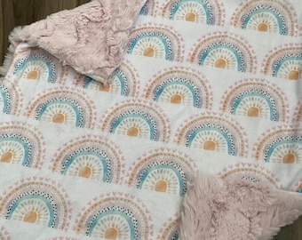 READY TO SHIP, Boho Rainbows and Hearts Lovey Blanket, Girl Rainbow Baby Crib Blanket, Pink Rainbow Crib Bedding, Baby Shower Gift, Newborn