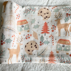 READY TO SHIP, Boho Swaddle Blanket Boy, California Baby, Muslin Swaddle, Surfer Christmas Baby Gift, December Baby, Boho Christmas Cookie