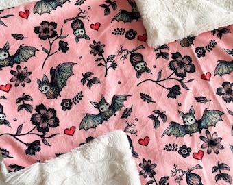 Halloween Baby Blanket, Baby Bat Crib Sheet, Swaddle, Gothic Girl Crib Bedding, Floral Spiders and Bats, Gothic Floral, Pink Halloween