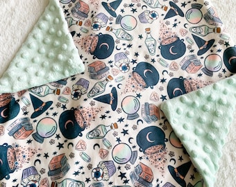READY TO SHIP, Baby Brewing Baby Blanket, Swaddle, Crib Sheet, Halloween Lovey, Girl Spooky Goth, Fall Baby Gift, Moon Stars Crib Bedding
