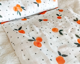 Watercolor Cutie Clementine and Polka Dot Muslin Swaddle Baby Blanket, Florida Baby, Oranges Swaddle Blanket, Muslin Swaddle, Girl Swaddle