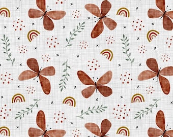 May include: A seamless pattern featuring terracotta butterflies on a white background with small green leaves, brown dots, and rainbow arches.
