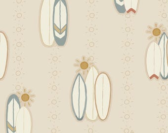 May include: A seamless pattern featuring a beige background with a repeating pattern of surfboards and suns. The surfboards are in shades of blue, white, and brown. The suns are yellow.