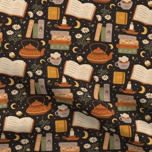 May include: A repeating pattern featuring open books, stacks of books, teapots, teacups, candles, daisies, moons, and notepads on a black background. The books have the text "Chapter Two" on the open pages. The color palette includes shades of brown, green, and cream.