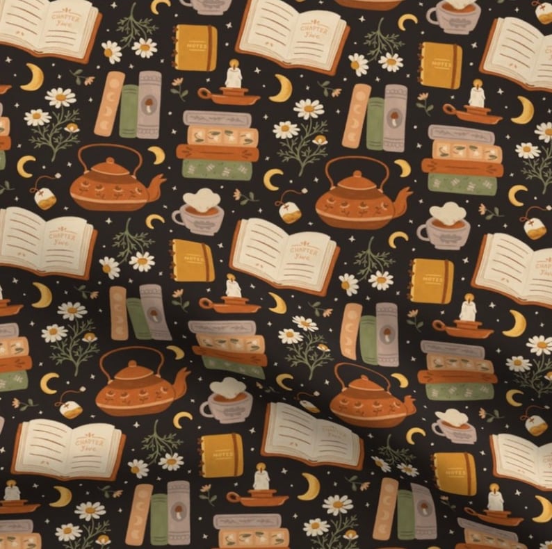 May include: A repeating pattern featuring open books, stacks of books, teapots, teacups, candles, daisies, moons, and notepads on a black background. The books have the text "Chapter Two" on the open pages. The color palette includes shades of brown, green, and cream.