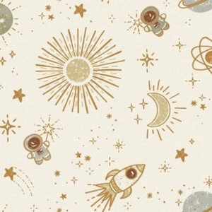 May include: Off-white fabric with a repeating pattern of celestial elements. The design includes a sunburst, stars, crescent moons, rockets, planets, and astronauts in shades of gold and brown.