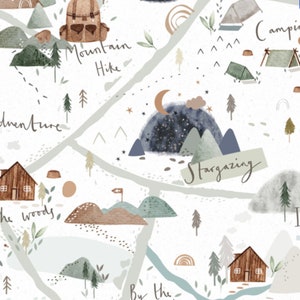 May include: A watercolor illustration of a map with different outdoor activities, including mountain hiking, camping, stargazing, and exploring the woods. The map features a variety of nature elements, such as mountains, trees, and a river.