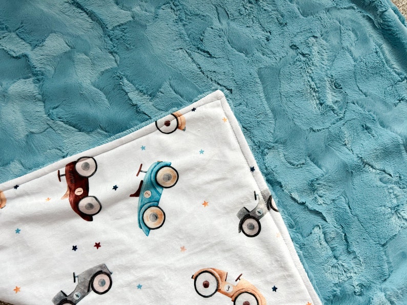 Minky Vintage Car Baby Crib Blanket, Retro Car Nursing Pillow Cover, Changing Pad Cover, Boy Crib Sheet, Stars Muslin Swaddle, Minky Lovey image 4