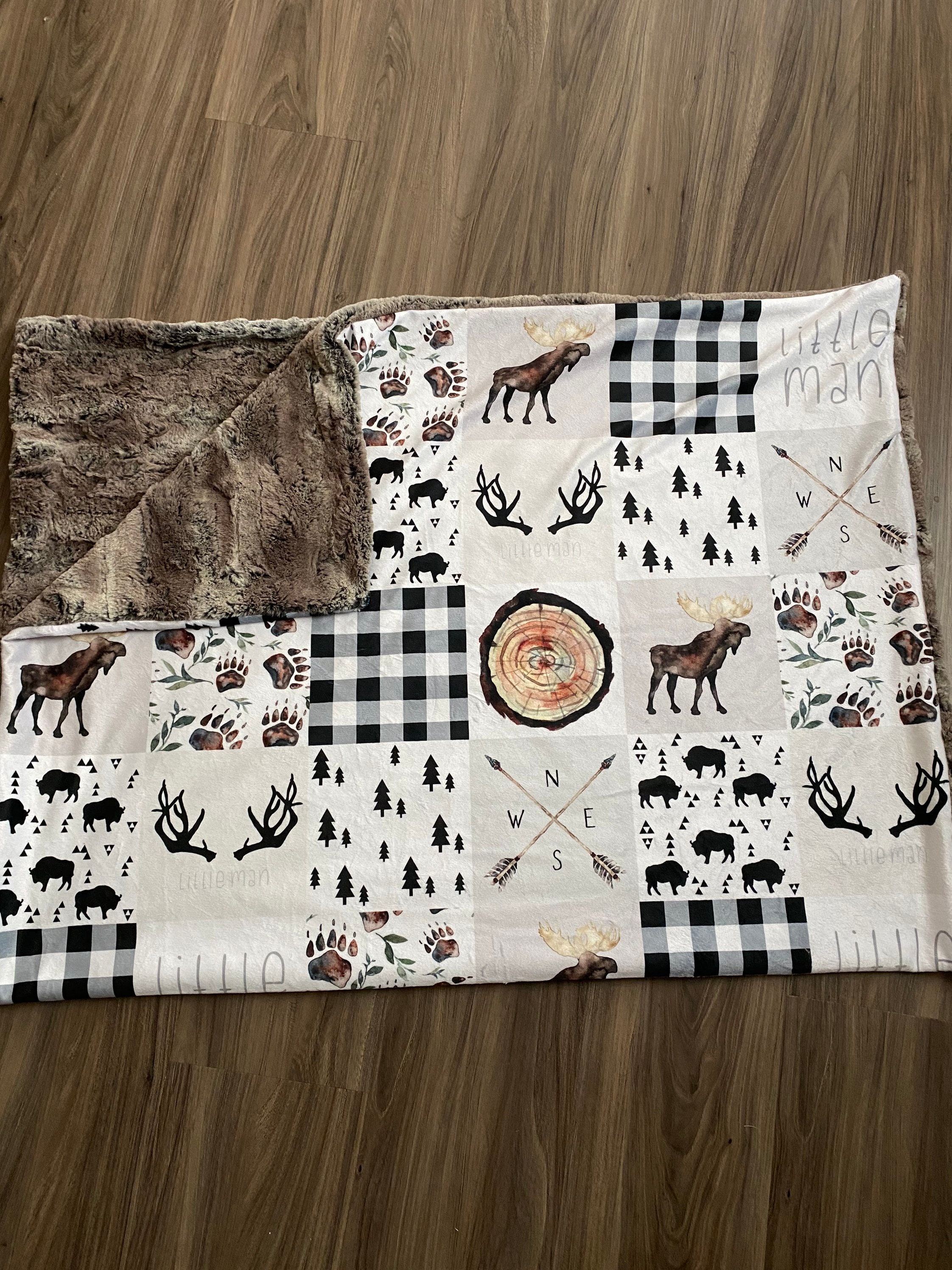 Woodland Patchwork Blanket, Rustic Plaid Woodland Baby Blanket, Moose