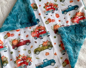 Ready to Ship, Baby Boy Truck Lovey Blanket, Fall Baby Blanket, Little Blue Truck Blanket, Little Pumpkin Stroller Blanket,  Blanket