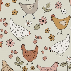 May include: A seamless pattern featuring various colored chickens and flowers on a light green background. The chickens are drawn in a simple, cartoon style and have different colored feathers and beaks. The flowers are also drawn in a simple style and have different colors and shapes.