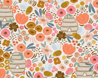 May include: A repeating pattern of stylized flowers, beehives, and bees in shades of peach, pink, brown, and gold on a cream background. The design includes various floral shapes and dotted accents.