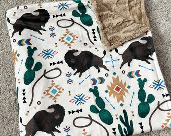 LOVEY, QUICK SHIP, Minky Buffalo Baby Blanket, Bison Blanket, Western Crib Bedding, Baby Shower Gift, Aztec Buffalo Baby, Cowboy Nursery