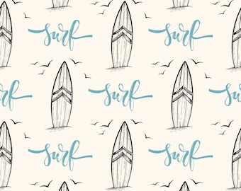 May include: A seamless pattern featuring black and white hand-drawn surfboards with the word "surf" written in blue cursive.