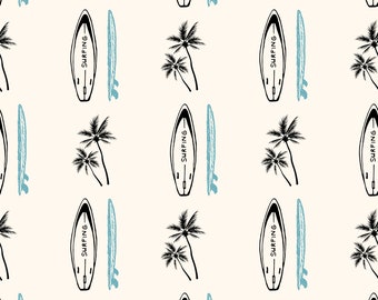 May include: A seamless pattern featuring black palm trees and blue and black surfboards with the word "SURFING" written on them. The background is a light beige color.