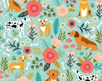 Puede incluir: Un patrón sin costuras que presenta varias razas de perros en un estilo caprichoso. Los perros se representan en una variedad de poses, rodeados de flores y hojas coloridas sobre un fondo azul claro.