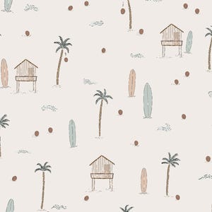 May include: A repeating pattern depicting a beach scene with palm trees, surfboards, and stilt houses in a neutral colour palette. The design includes brown coconuts and stylized waves, creating a tropical theme.