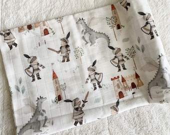 Boy Muslin Swaddle Blanket, Minky Baby Dragons Baby Crib Blanket, Knights Crib Bedding, Newborn, Castle, Quick Ship, Baby Gift