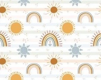 May include: A seamless pattern featuring colorful rainbows, suns, and stars on a white background with light brown stripes. The pattern is perfect for fabric, wallpaper, or wrapping paper.