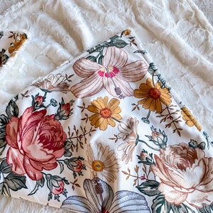 Minky Vintage Floral Baby Crib Blanket, Cotton Crib Sheet, Nursing Pillow Cover, Newborn Girl Gift, Adult Throw Blanket, Personalized Lovey