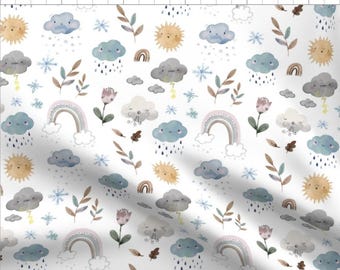 May include: A seamless pattern featuring a white background with various watercolor illustrations of clouds, rainbows, suns, flowers, and leaves. The clouds are blue and gray with smiling faces and rain drops. The suns are yellow with smiling faces. The rainbows are multi-colored. The flowers are pink. The leaves are brown. The pattern is perfect for fabric, wallpaper, or wrapping paper.