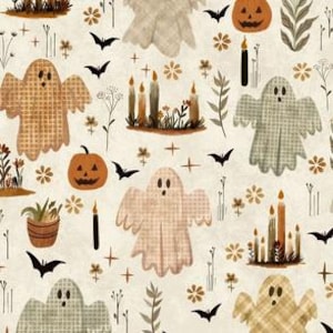 Peut inclure: Un motif sans couture présentant une variété d'éléments sur le thème d'Halloween, notamment des fantômes, des citrouilles, des bougies, des chauves-souris et des fleurs. Les fantômes sont représentés dans un style patchwork avec différentes couleurs et motifs. Le fond est beige clair.