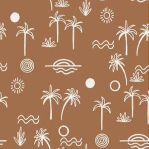 May include: A repeating pattern featuring white line drawings of palm trees, suns, waves, and other tropical elements on a warm brown background. The design evokes a beach or island theme, suitable for fabric or wallpaper.