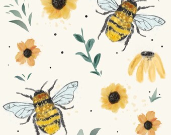 May include: A seamless pattern featuring yellow and orange flowers, green leaves, and two bees with intricate patterns on their bodies. The background is a light cream color.