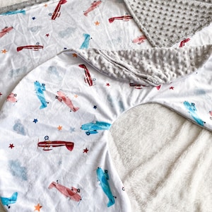 Minky Vintage Airplane Baby Blanket &/or Matching Vintage Plane Nursing Pillow Cover, Pilot Baby Gift, Airplane Crib Bedding, Plane Nursery