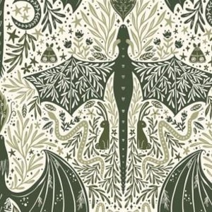 May include: A green and white patterned fabric featuring a dragon, rabbits, snakes, stars, and flowers. The pattern is symmetrical and has a whimsical, magical feel.