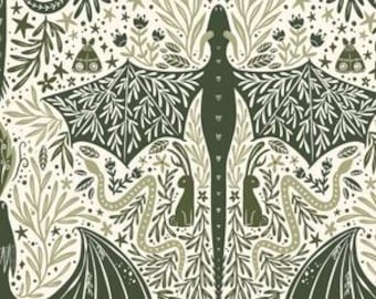 May include: A repeating pattern on a cream background featuring dark green dragons with leaf-patterned wings, rabbits, snakes, moths, and crescent moons. The design includes intricate botanical elements like sprigs, leaves, and small flowers.