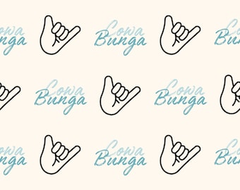 May include: A seamless pattern featuring a hand gesture with the text "Cowa Bunga" in a blue gradient. The hand gesture is a shaka sign, a popular Hawaiian greeting.