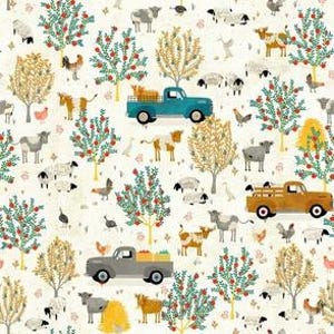 May include: A white background with a repeating pattern of farm animals, trees, and vintage trucks. The animals include cows, sheep, chickens, and geese. The trucks are blue, red, and gray and are carrying crates of fruit. The trees are green and have red apples on them.