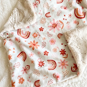 LOVEY, QUICK SHIP, Minky Neutral Rainbow Baby Blanket, Boho Rainbow Lovey Blanket, Retro Floral, Baby Gift, Rainbow Bedding, Boho Spring