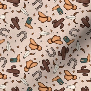 May include: A seamless pattern featuring a variety of western-themed illustrations, including cowboy hats, cacti, horseshoes, boots, and skulls. The pattern is set on a light beige background with brown and gray accents.