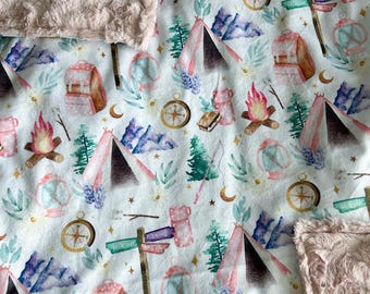 QUICK SHIP, Minky Camping Baby Girl Blanket, Floral Toddler Blanket, Mountain Blanket, Firefly Crib Bedding, NewbornGift Girl, Baby Shower