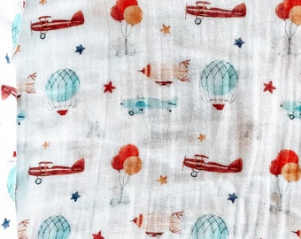 READY TO SHIP, Muslin Vintage Airplane Swaddle Blanket, Plane Baby Blanket, Baby Boy Newborn Gift, Baby Shower, Crib Bedding Neutral