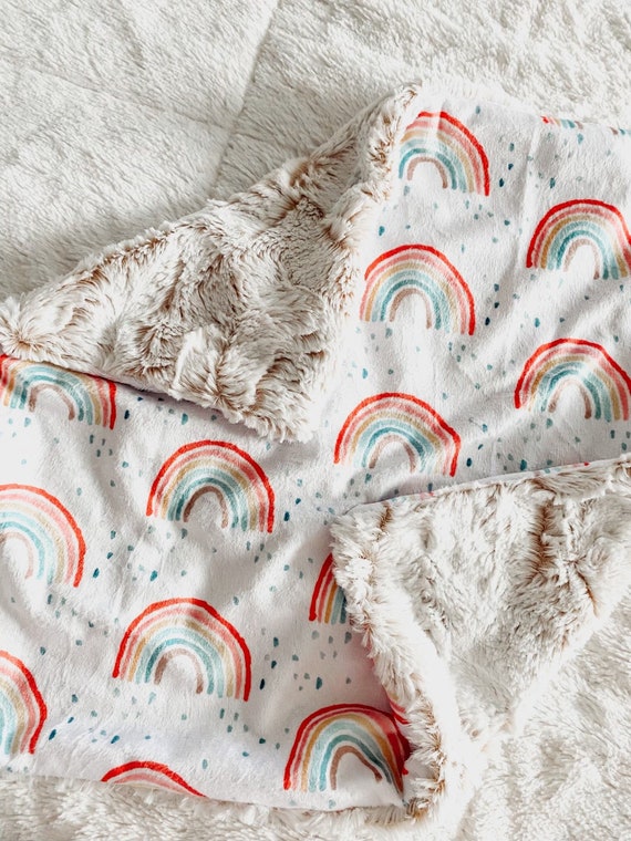 LOVEY, QUICK SHIP, Minky Neutral Rainbow Baby Blanket, Pastel