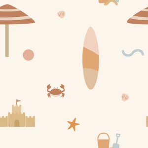 May include: A seamless pattern featuring various beach-themed illustrations, including a brown and white striped beach umbrella, a surfboard, a sandcastle, a crab, a starfish, seashells, a bucket and shovel, and a blue wave.