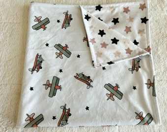 READY TO SHIP, Lovey or Nursing Pillow Cover, Reversible Baby Boy Blanket, Minky Vintage Airplane Crib, Pilot Baby Gift, Starry Sky Nursery