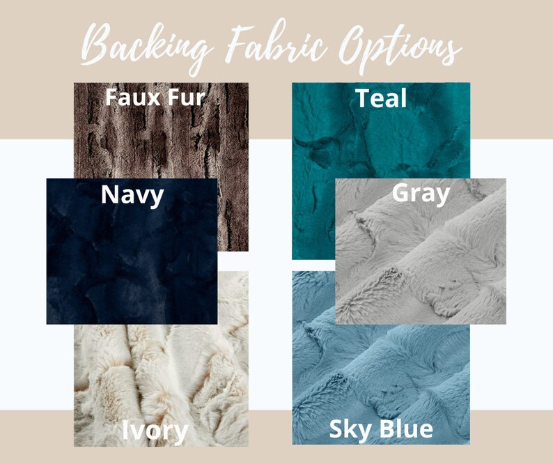 Pu&ograve; includere: Sei campioni di tessuto che mostrano diversi colori e trame. I campioni sono etichettati "Faux Fur", "Teal", "Navy", "Gray", "Ivory" e "Sky Blue".