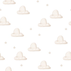 May include: A seamless pattern featuring beige clouds and gold stars on a white background. The clouds are drawn in a cartoon style and have a slightly textured appearance.