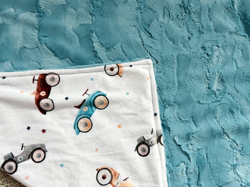 Minky Vintage Car Baby Crib Blanket, Retro Car Nursing Pillow Cover, Changing Pad Cover, Boy Crib Sheet, Stars Muslin Swaddle, Minky Lovey image 2